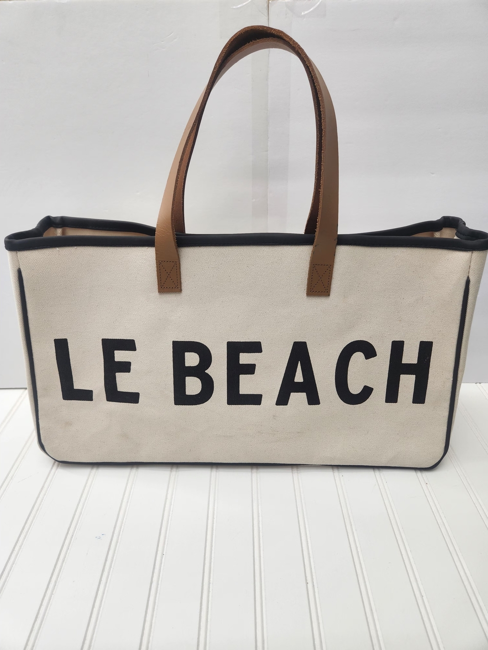 LE BEACH Cream Canvas Tote with Brown Handles